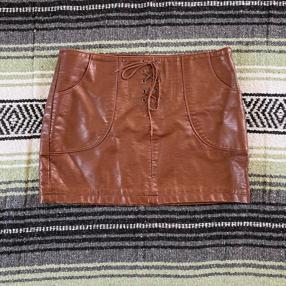 vintage y2k chocolate brown faux leather/pleather micro mini skirt lace up waist